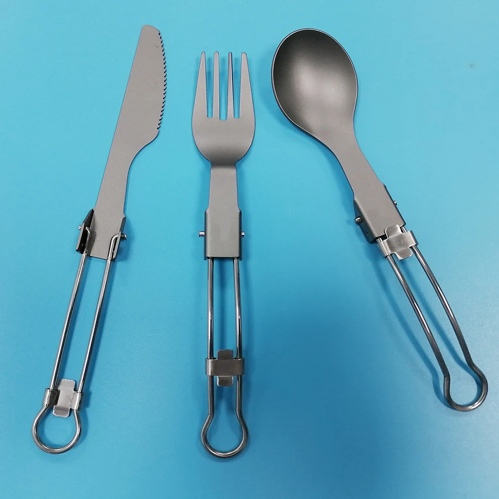 Ti55 Titanium Cutlery Camping Light Weight With Pouch Titanium Folding Cutlery Spoon Fork Knife
