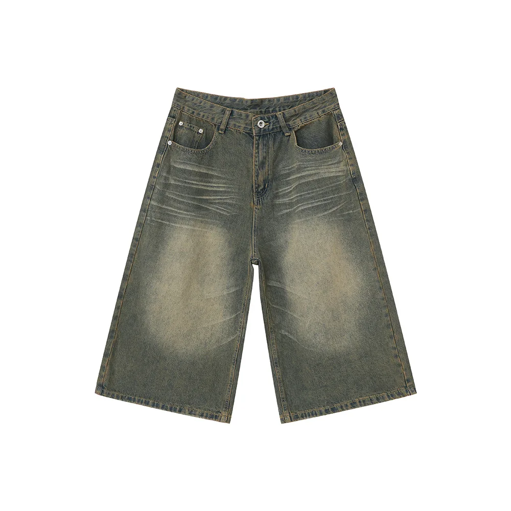 Pantaloni estivi dritti larghi da uomo, retrò, verdi, a gamba larga, drappeggiati, pantaloncini in denim corti, jeans larghi da uomo_voghion.com