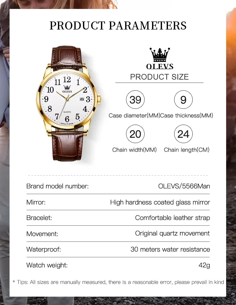 Fashion Brand OLEVS Watch 5566 Popular Sports Men's Watch Quartz Movement Date Leather Band 30M Waterproof Watch