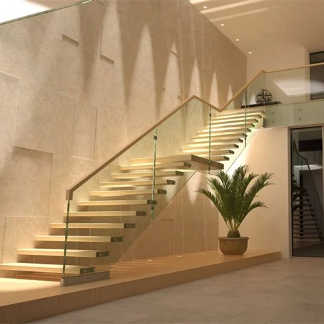 LED Light Automatic System Indoor Straight Floating Staircase Modern Carbon Steel Safety 12mm Tempered Glass Open Riser Stairs