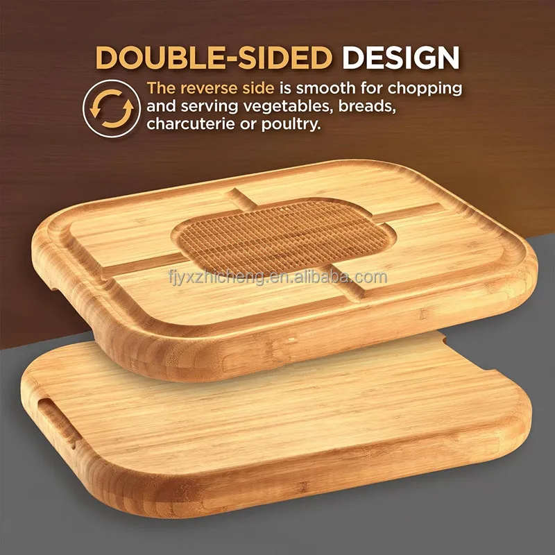 product bamboo carving cutting board bbq grilling heavy duty deep juice groove spikes grid-5