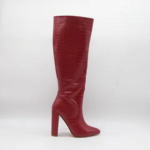 BUSY GIRL HQ1133 2026 New Crocodile-Patterned Pointed-Toe Chunky High-Heeled Boots for Women Knee-High Versatile Elegant Sexy