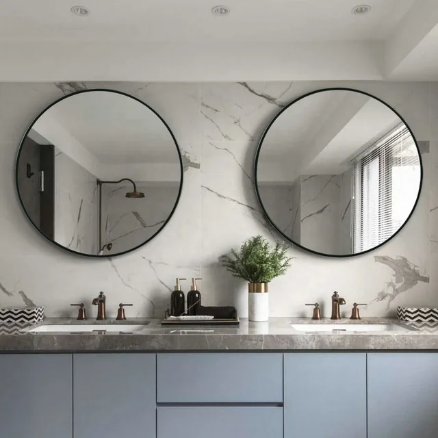 customized  black framed round wall mirror large black gold round bathroom mirror