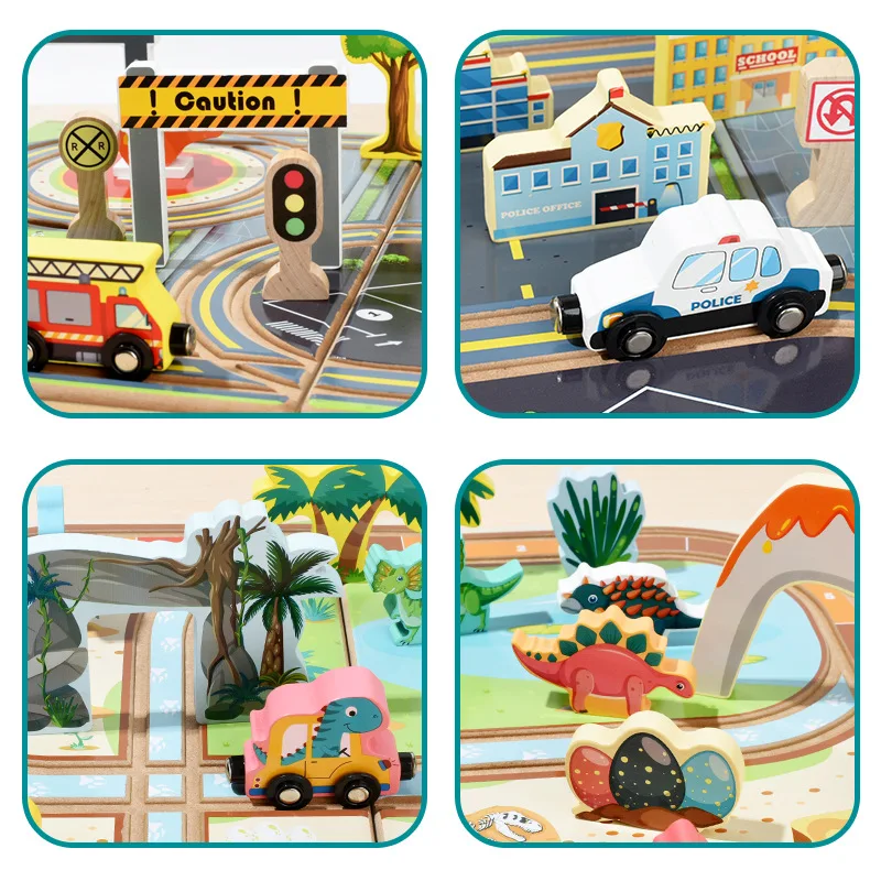 Tragbares, unterhaltsames Desktop-Spurbausatz-Spielzeug für Kinder, Dinosaurier-Verkehrsszenario, pädagogisches Holzeisenbahn-Set, Reisespielzeug für Kleinkinder