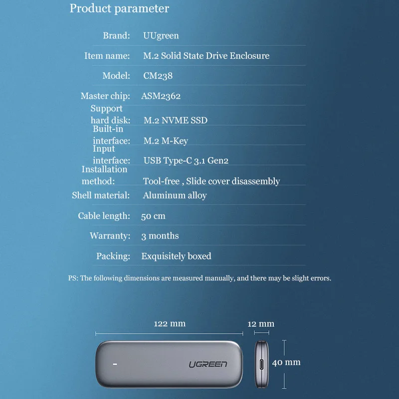 Корпус SSD ASM2362 UGREEN M2 NVME 10 Гбит/с, корпус M.2 на USB Type C 3,1, адаптер SSD для NVME PCIE NGFF SATA M/B Key, корпус SSD