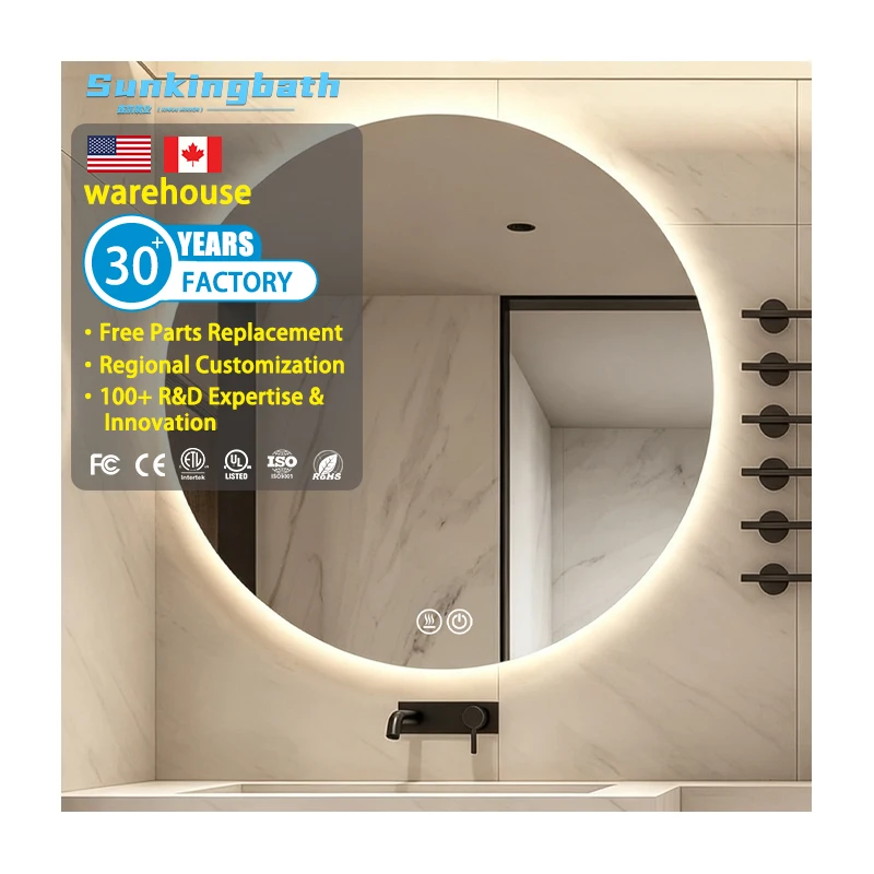 Round Frameless Led Mirror Anti-Fog Backlit Wall Circle Illuminated Smart Mirror 3 Color Bathroom Mirror with Battery Lights