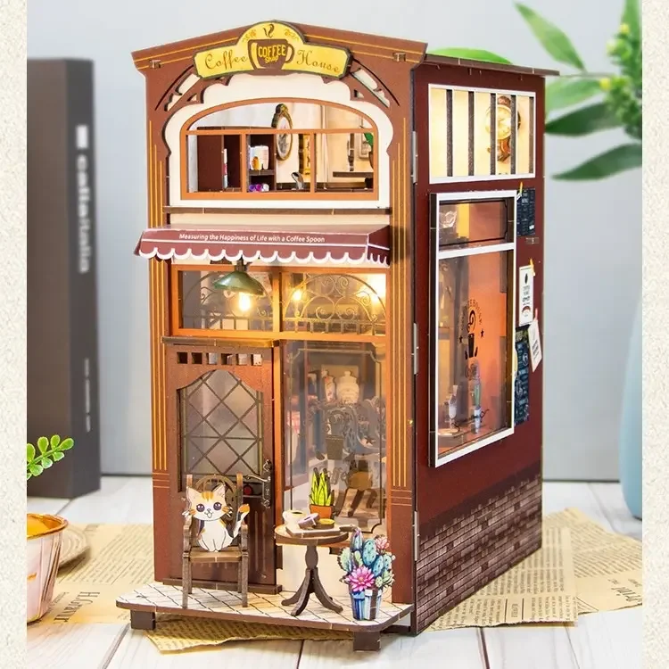 New Custom 3D DIY Booknook Coffee House Miniature wooden Book Nook Kit Bookshelf Nook Book 3D Wooden Puzzle Dollhouse M2411