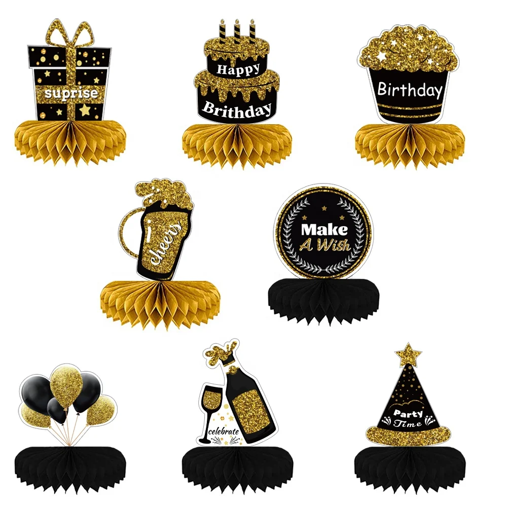 Black and gold table decor  Birthday party decorations, Black and gold  party decorations, Gold birthday party