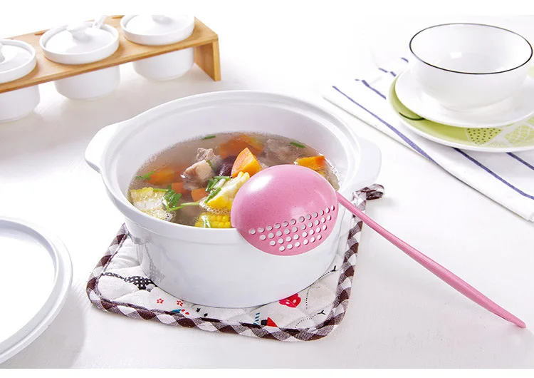 Wheat straw 2-in-1 household kitchen soup spoon Long handle plastic colander strainer tableware fondue spoon scoop scoop factory