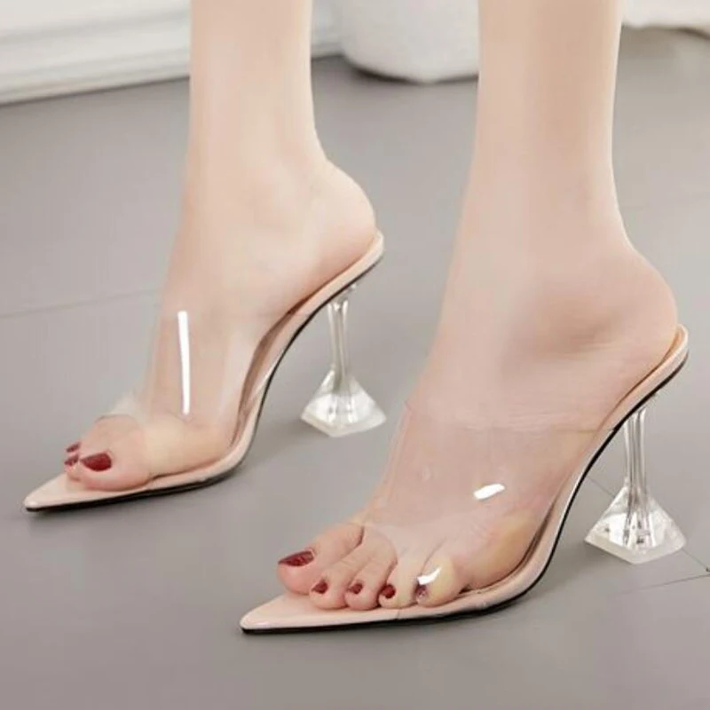 Elegant Transparent Mules Clear PVC High Heels Summer Glass Heel Style Pointed Toe Slippers Ladies Evening Sandals