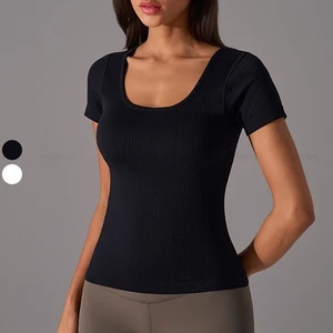 Women's Short Sleeve Sports Top Slim Fit Yoga T-Shirt with Scoop Neck & Removable Chest Pad Breathable Design-Wholesale