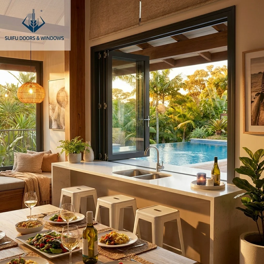 Modern Interior Space-Saving Aluminum Bifold Window Double Glazing for Apartment Kitchen Villa Bar Counter Pass-Through Folding