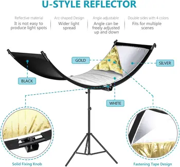 Neewer Clamshell Light Reflector Diffuser with 2M Light Stand and Carrying Bag 155*61cm Photography Curved Lighting Reflector detail image