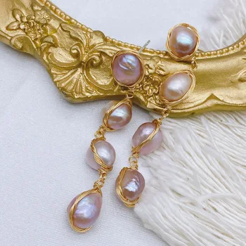 Aimgal fine jewelry S925 silver ear pins Hand-wound purple baroque freshwater pearl long drop earrings