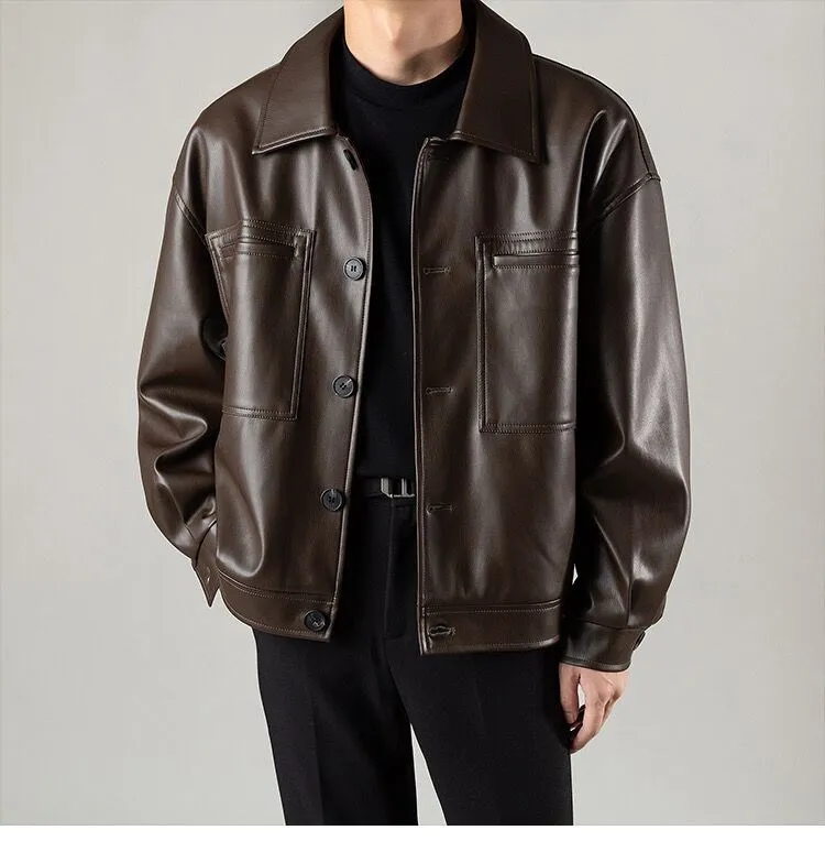 Men's Pu Leather Jacket Vintage Style Loose Fit Spring Autumn_voghion.com