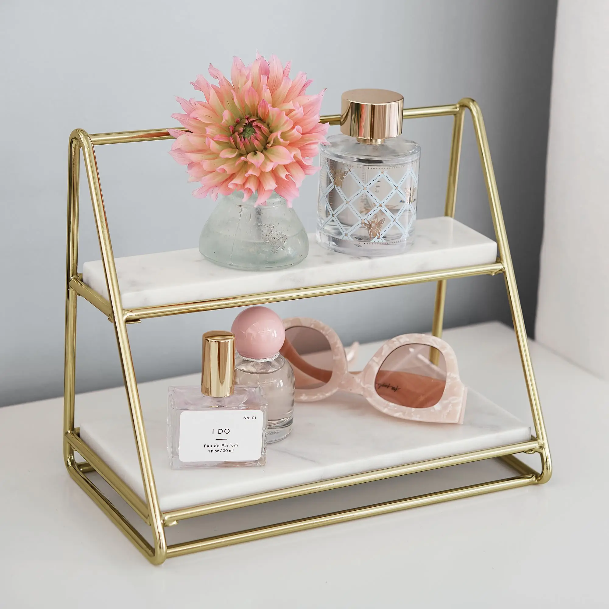 Hot Sale 2 Tier Standing Perfume Makeup Storage Rack Bathroom Organizer Countertop Marble and Gold Beauty Makeup Organizer