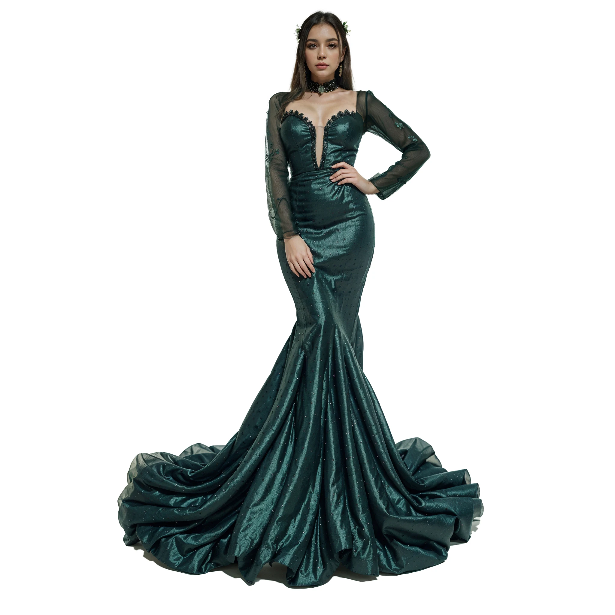 Emerald Green Formal Evening Gown Chic Fishtail Style with Chic Sequins  Long Lace Skirt Elegant Wedding Dress for Parties