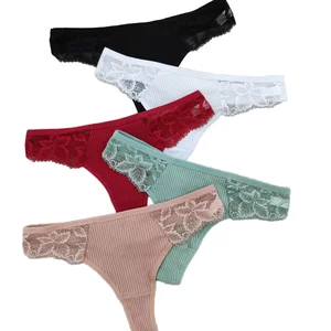 Lady's Sexy Lace Thong T Back Solid Cotton Panties Low-Rise Knitted Plain Dyed