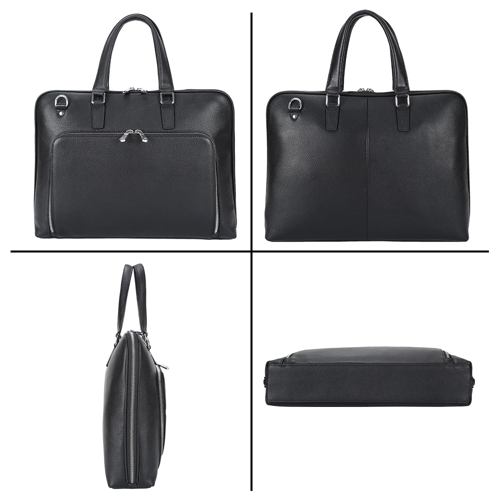 Full Grain Leather Cow Hide 15.6 Inches Case Messenger Business Bag Real Black Pebble Leather Computer Laptop Briefcases