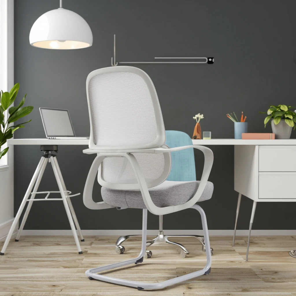New Arrival 823C Gray PU Springframe Modern Lift Chair Industrial Steel Spring Base Curved Mesh Frame Conference Room Chair 6