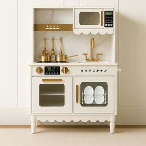 EDULAND Cottage Kitchen with 5 Accessories Wooden Toy Manufacturer Pretend Play Set Featuring Microwave Oven and Clicking Knobs