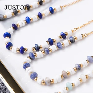 Popular Statement Women Natural Blue-veins Stone Stainless Steel Gold Bead Chain Choker Charms Necklace
