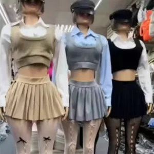 Viviblook Z1026ST01 Turndown Collar Long Sleeve Knit Vest Shirts and Spilt Mini Skirts Outfit Three Piece Set for Women