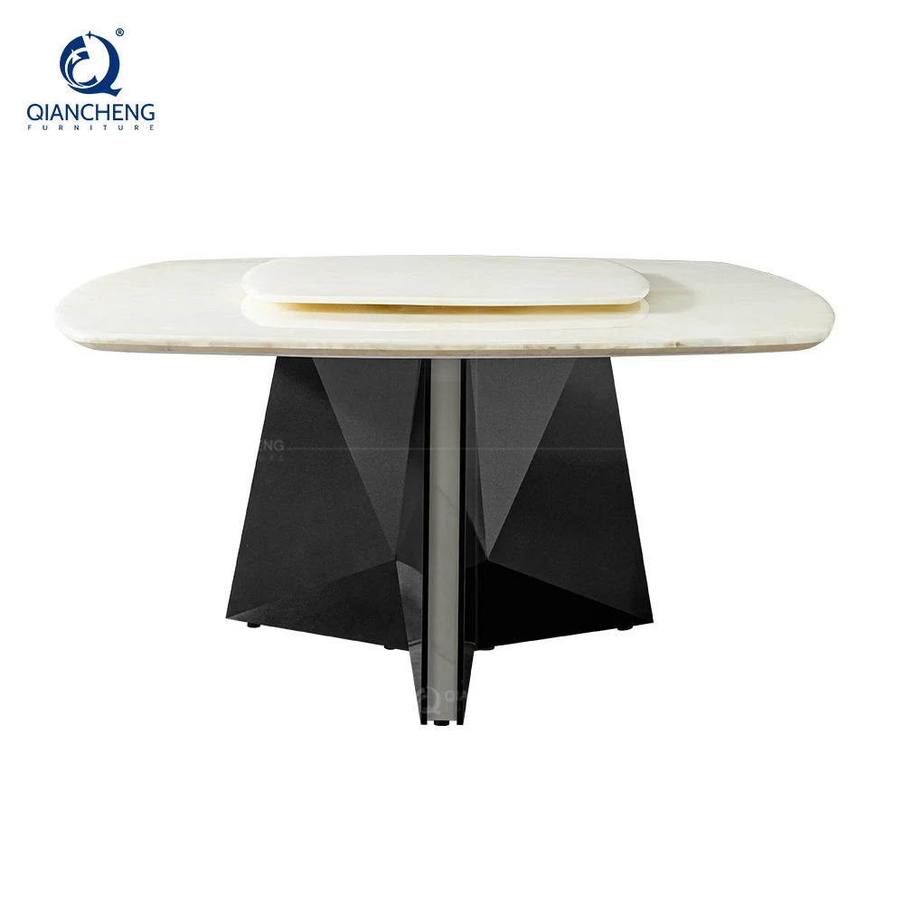 360° Turntable Two Layer Square Dining Table With Marble Rotating Centre Countertop Luxury New Design Black Stainless Steel Base