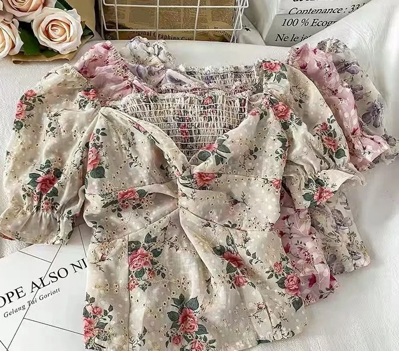 Free Shipping Korea Latest Design Low Price Printed Girls Popular Chiffon Blouse Top OC417