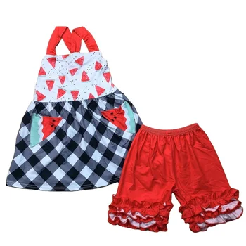 RTS latest hot selling boutique summer girls' suit watermelon print dress red frill shorts wholesale boutique children's wear