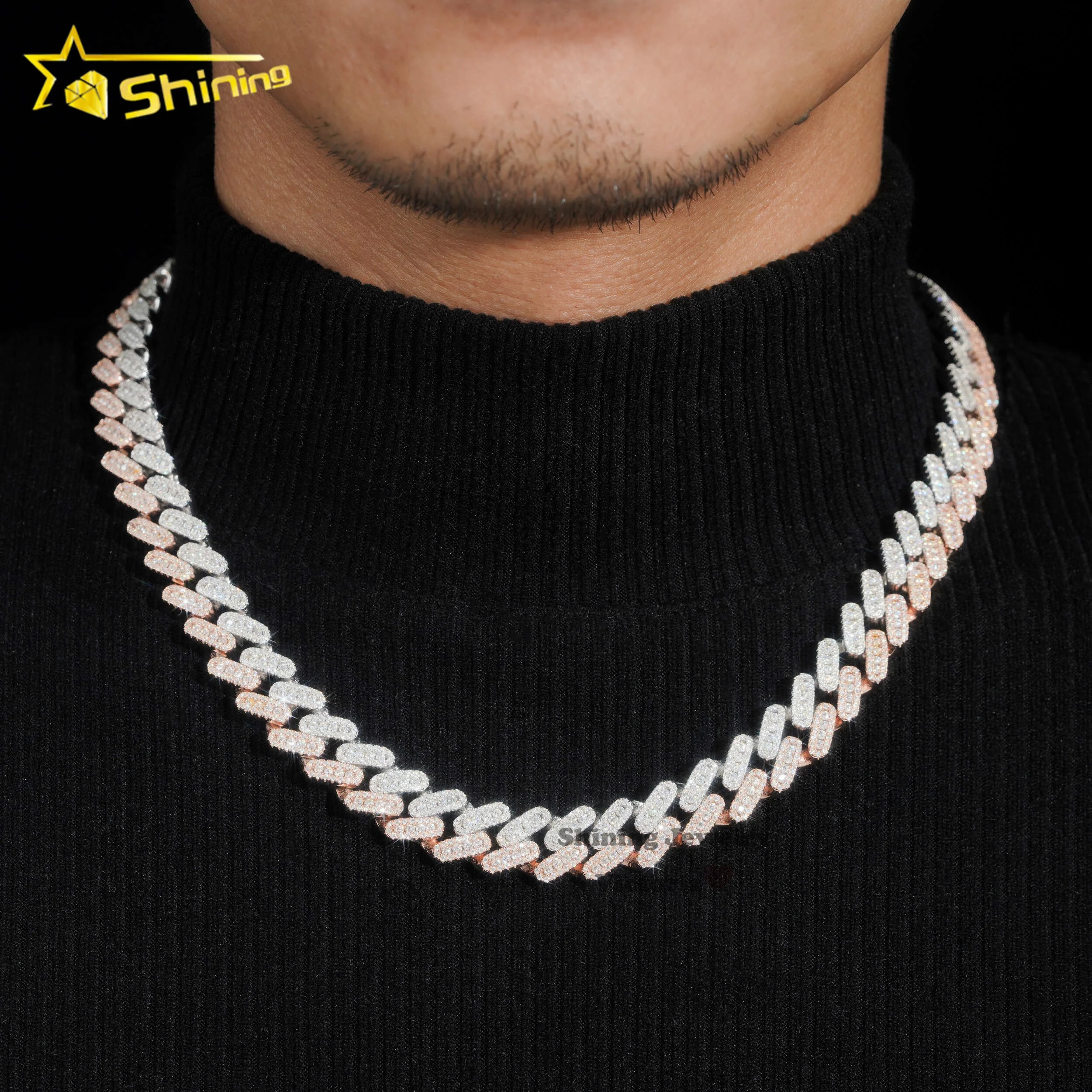 White Wholesale Iced Out Jewelry Wholesale Price 15mm White Mix Rose Gold  925 Cuban Link Chain Two Tone Hip Hop Jewelry Iced Out Moissanite Cuban
