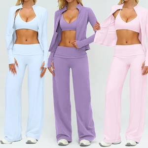 Custom Breathable Sports Clothing Sports Bra High Waist Flare Pants Workout Jacket 3 Pcs Yoga Sets Gym Outft Gym Fitness Sets