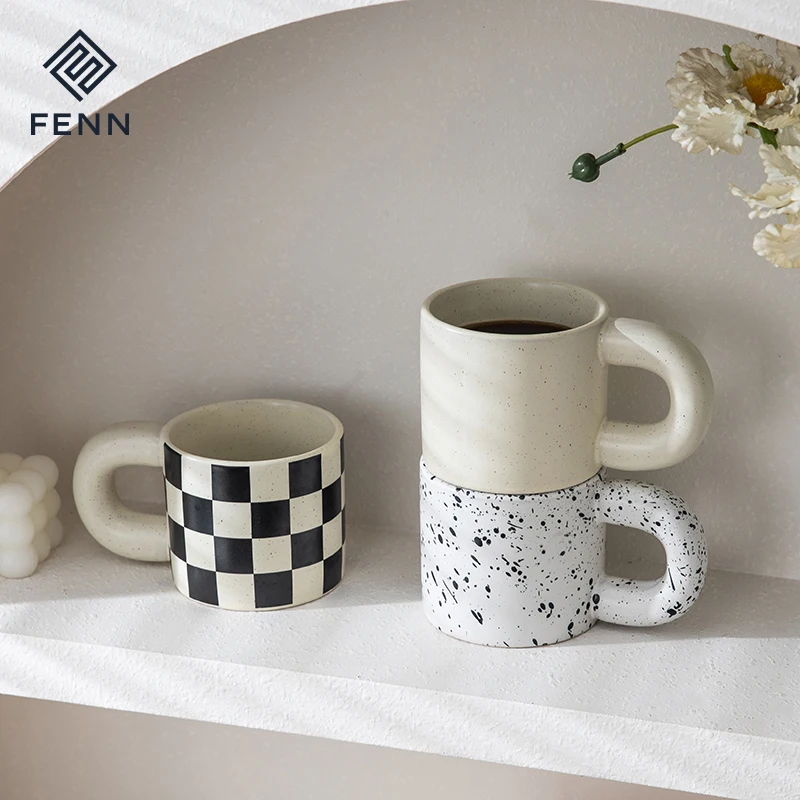 Ins Style Stoneware Black White Checkerboard Aesthetic Mugs Splash Ink Nordic Chubby Mug Ceramic Coffee Mug Big Ears Hand