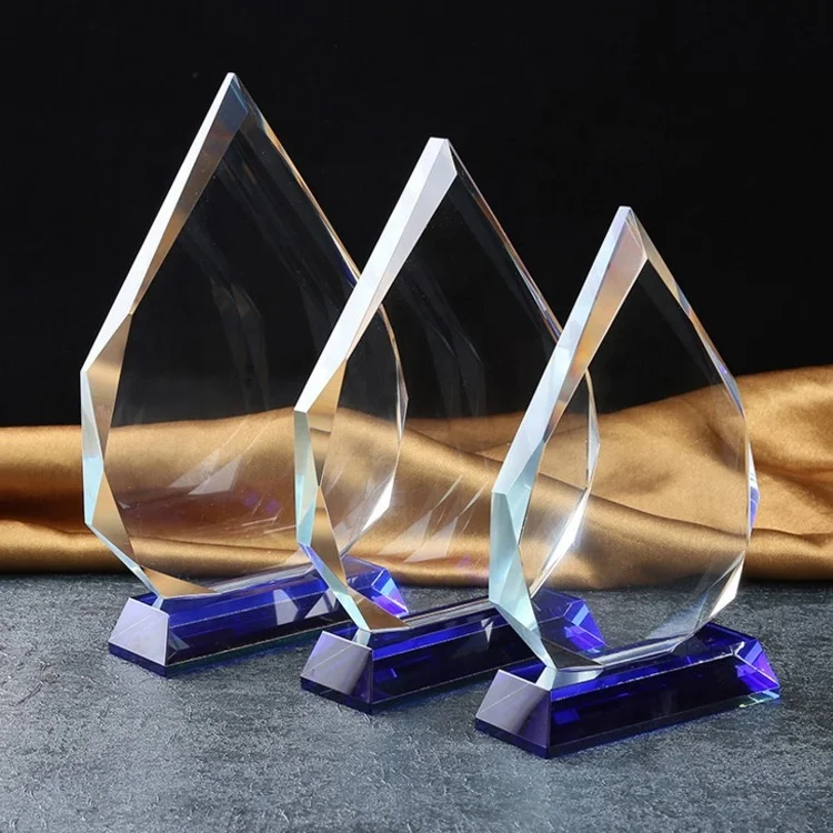 Guangzhou Wholesale Glass Trophy Awards Customized Trophies K9 Sublimation Glass Trophy Award With Blue Base