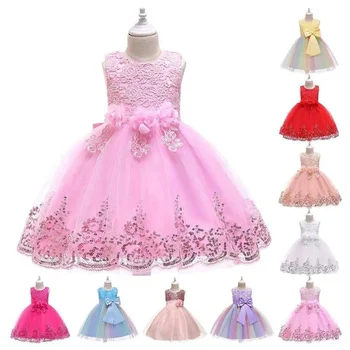 Children's Clothing Fancy Party Dress Lace Mesh Frocks Designs Tulle Flower Dresses for Girls