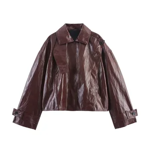 Women's 2026 Spring Fashion Belt Faux Leather Jacket Vintage Long Sleeve Women Coat Chic Tops