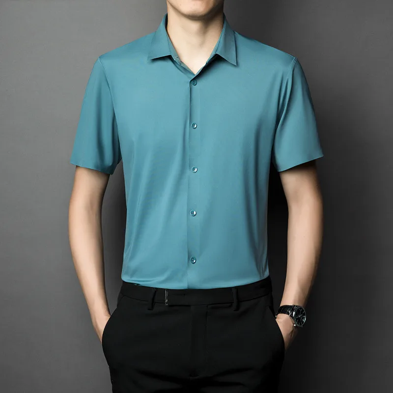 Custom high quality Short Sleeve high elastic Men Button Up Shirt Silk Shirts For Men Custom