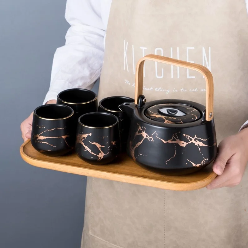 New Designs Marble Pattern Porcelain 6 Pieces Coffee Cup Ceramic Tea Pot Set
