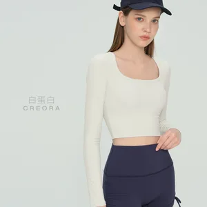 Long-sleeved with Fixed Chest Pad Slim-fit Base Sports Top for Women; Bare-feeling Pilates Yoga Long-sleeved