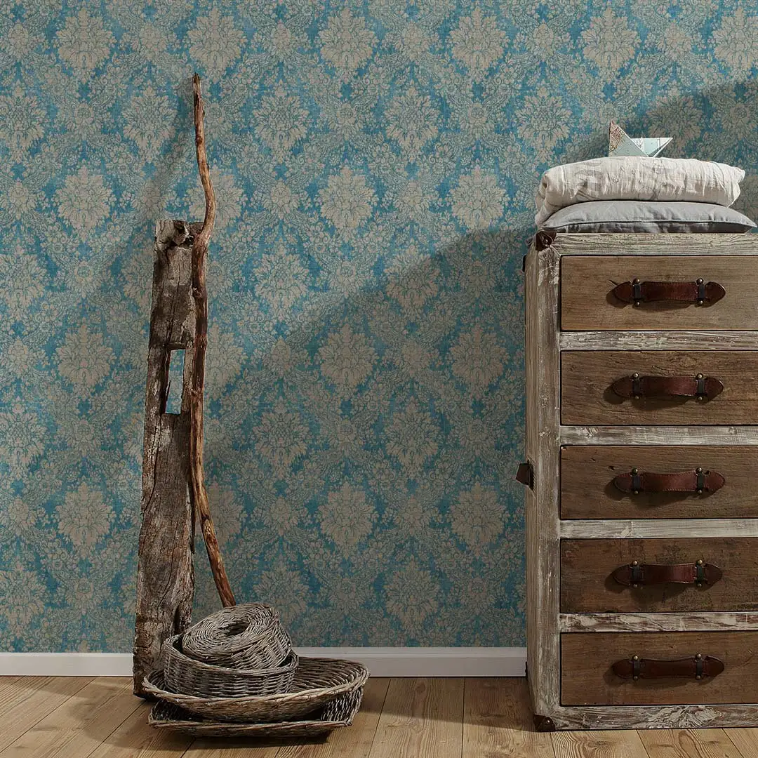 Great Quality Victorian Design Teal And Gold Damask Wallpaper For