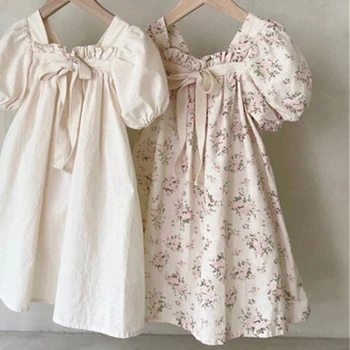 2023 New Summer Kids Dress Children Bubble Sleeve Bow Floral Dress Girls Outwear