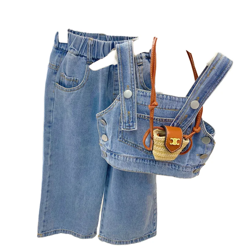 2022 весенне-летний Повседневный Модный комплект для девочек, джинсовый жилет с цветочным принтом и широкие штаны, детская одежда