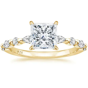 High Quality 2ct 925 Sterling Silver Ring,5A Cubic Zirconia,14k Plated Gold,Women Princess Cut CZ Engagement Wedding Band Size3