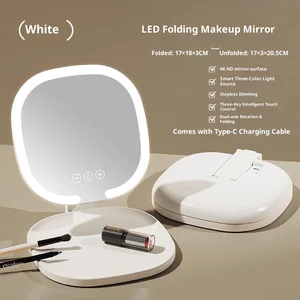 Modern LED Glass Girl Makeup Mirror Lamp Student Dormitory Portable Folding Multi-Angle Adjustable Three-Color Desktop Mirror