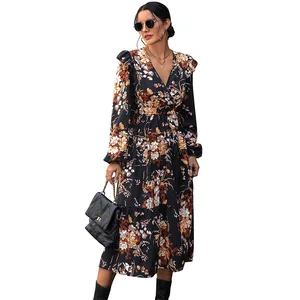 Autumn Women's V-Neck Floral Print Midi Dress Long Sleeved Casual Polyester Empire Waistline Woven Breathable Digital Printing