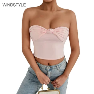 Women's Strapless Pleated Gather Umbilical Top Slim-Fit Wrap-Breasted Design Breathable and Ruffled Collar for Summer