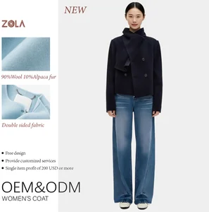 Solid Color Customized Short Casual Handmade Double Breasted Alpaca Fur Woolen Coat with Scarf Outerwear Winter Button