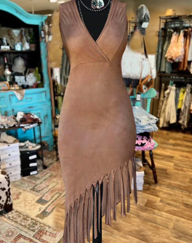 Western Cowgirl Slim Fit Skinny Dresses Soft Suede V Neck Sleeveless  Irregular Fringe Hem Dress Women Summer