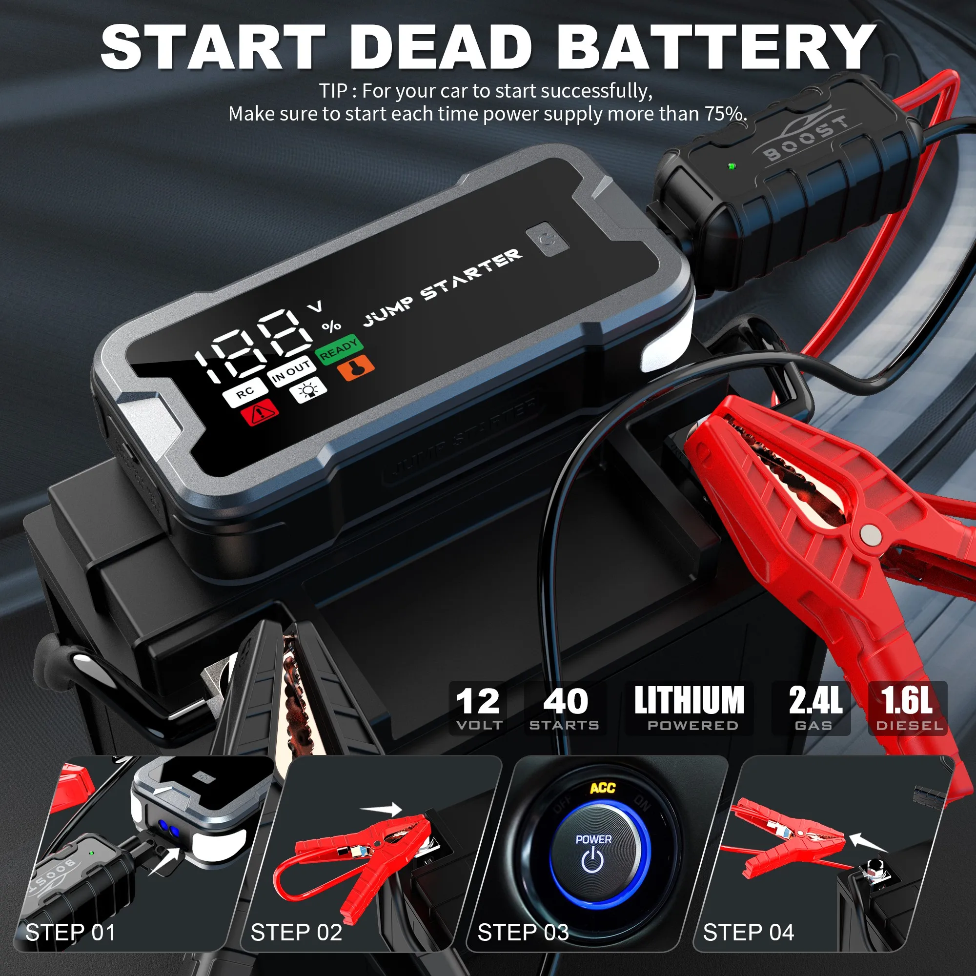 12V 24V Heavy Duty Jump Starter 4000A Peak Current Digital Display SOS Strobe 20000mAh for Motorcycle/Truck Winter Start