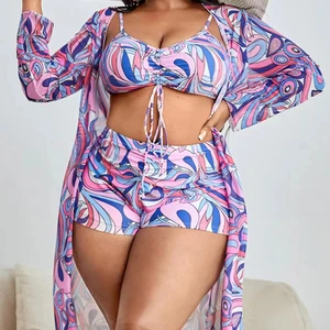 Custom New Print Plus Size Sexy 3 Piece Bikini With Cover up Bandeau Swimsuit Women Boxer Shorts Swimwear
